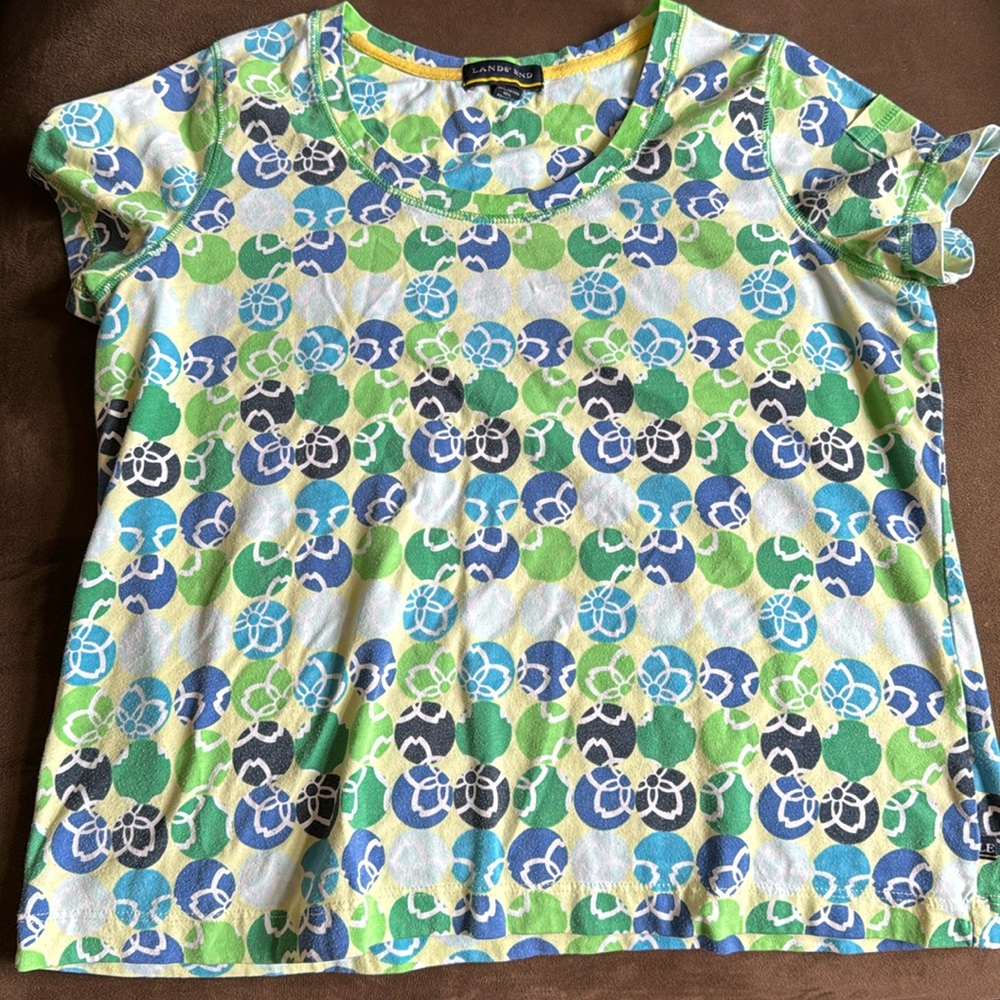 Lands and women’s T-shirt, medium, petite, green, blue, and yellow